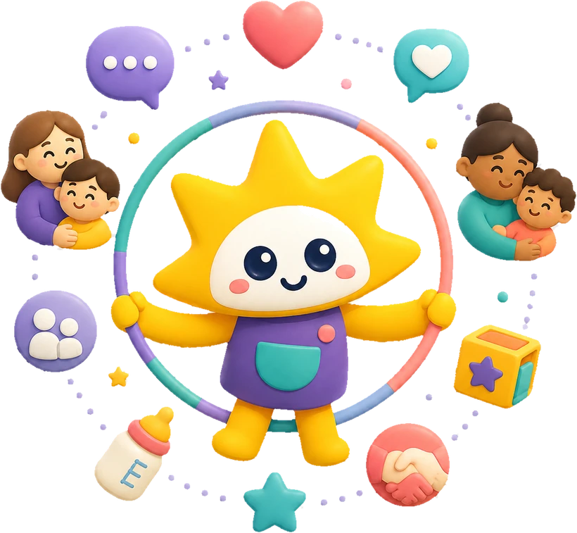 Lumi at the centre of the PLEY community, surrounded by families, hearts and chat bubbles