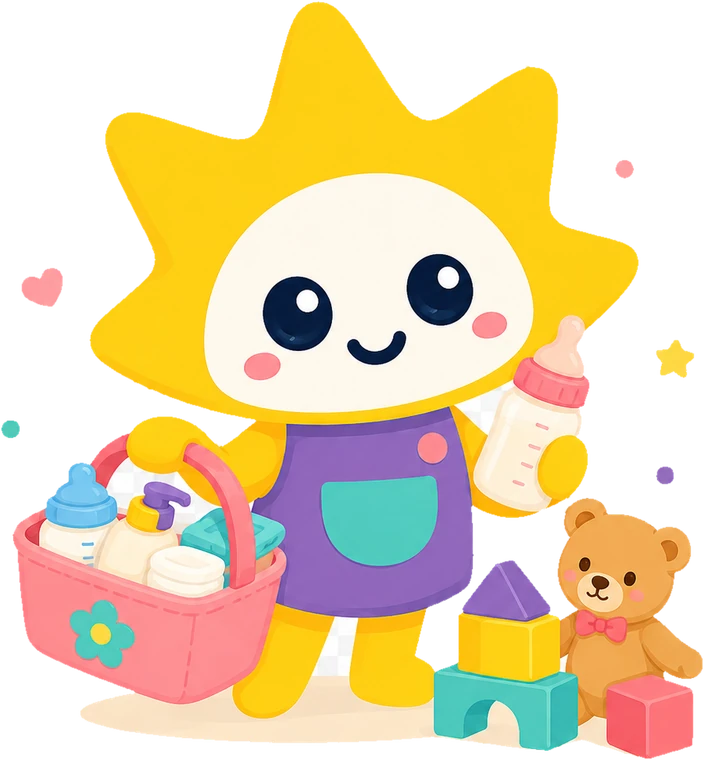 Lumi, the PLEY mascot, ready for daycare with a basket of baby essentials
