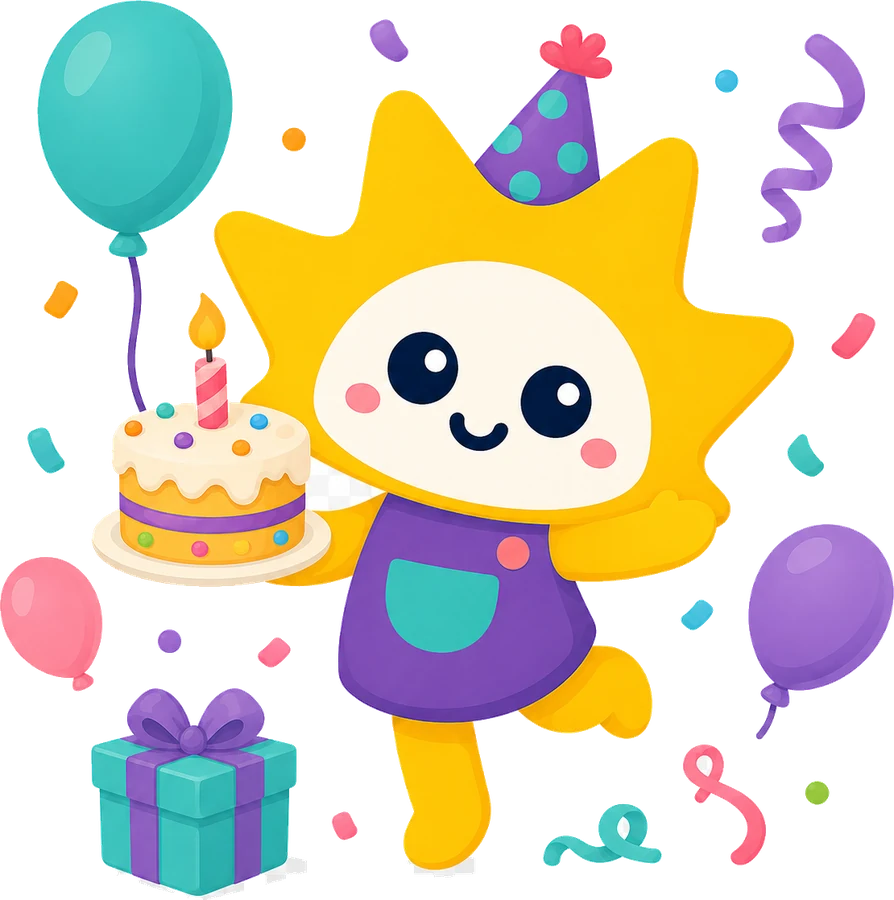 Lumi celebrating with a birthday cake, balloons and a gift
