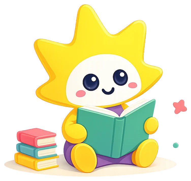 Lumi, the PLEY mascot, reading a book