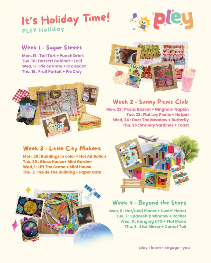 PLEY Holiday weekly themes: Sugar Street, Sunny Picnic Club, Little City Makers and Beyond the Stars