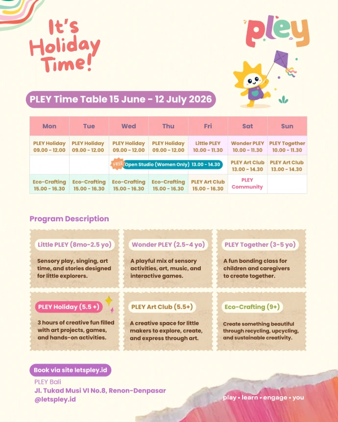 PLEY holiday timetable and program descriptions